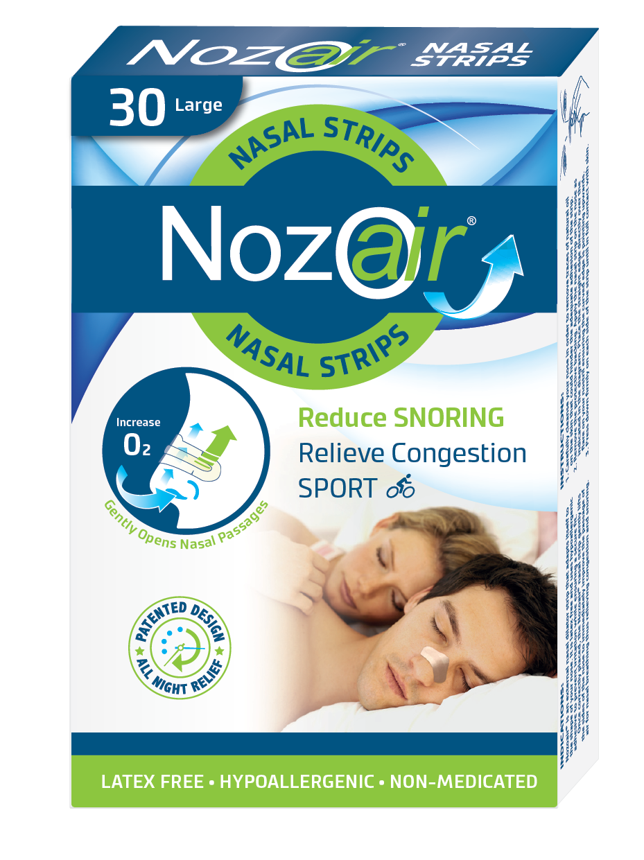 Box of Nozoair nasal strips, 30 pack size large reduce snoring, relieve congestion.