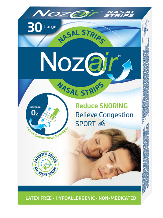 Box of Nozoair nasal strips, 30 pack size large reduce snoring, relieve congestion.