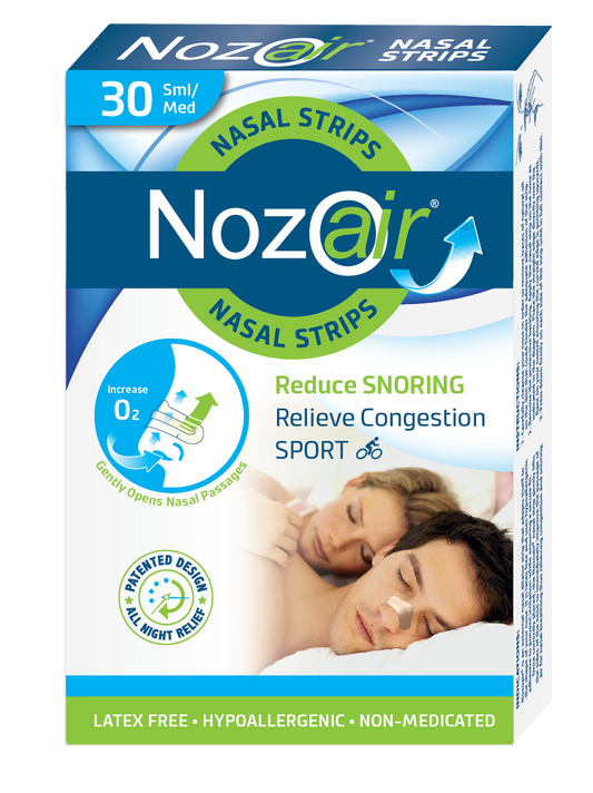 Box of Nozoair nasal strips, 30 pack size small / medium reduce snoring, relieve congestion.